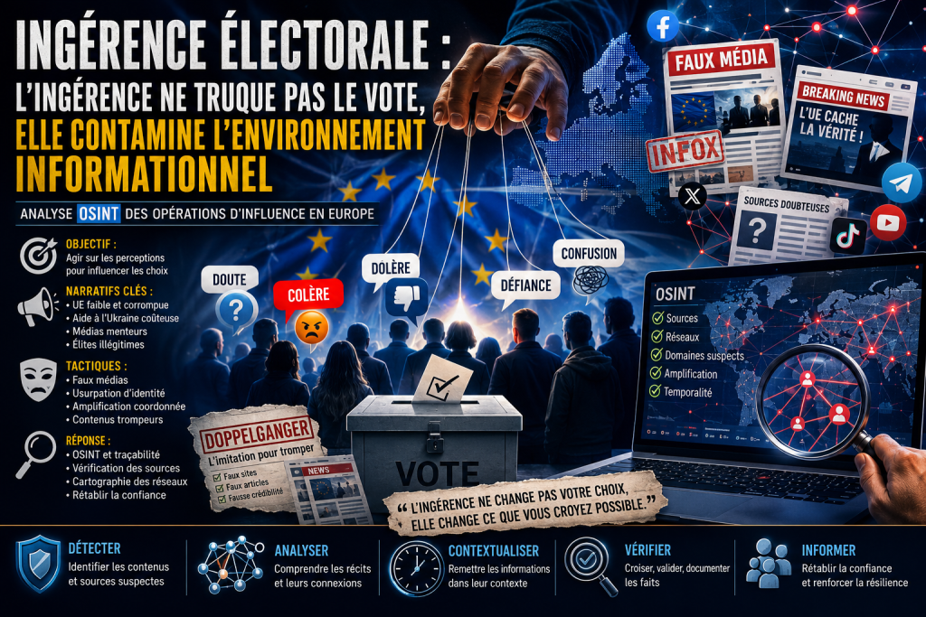 Illustration de l’ingérence électorale et de la manipulation informationnelle lors des élections européennes de 2024. Analyse OSINT des campagnes de désinformation et d’influence.