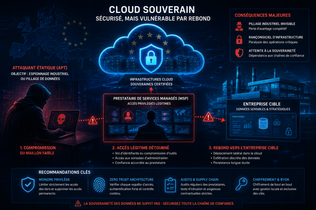 NOTE DE VEILLE n° 6: La FAILLE INVISIBLE du Cloud souverain face aux attaques par rebond 1 Schéma illustrant une attaque de type Cloud-Jumping contre une infrastructure de cloud souverain : un attaquant compromet un prestataire de services managés (MSP) pour accéder aux données stratégiques d’une entreprise via des accès légitimes.