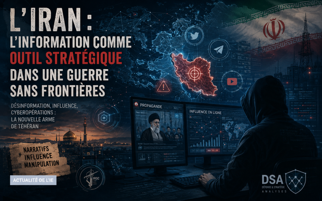 L’Iran : l’information comme outil stratégique dans une guerre sans frontières. Illustration représentant les opérations d’influence, la désinformation et les cyberactions iraniennes à l’échelle mondiale.
