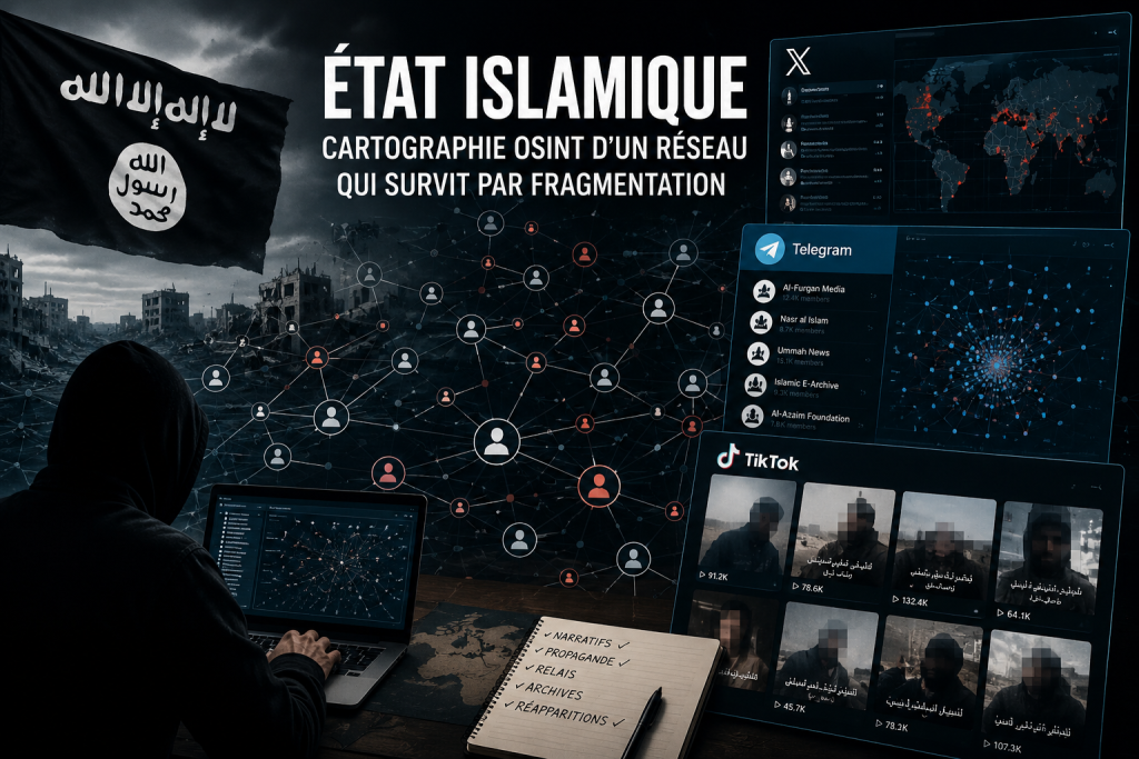 Illustration d’une analyse OSINT de l’État islamique en ligne, montrant la fragmentation de ses réseaux numériques sur X, Telegram et TikTok.