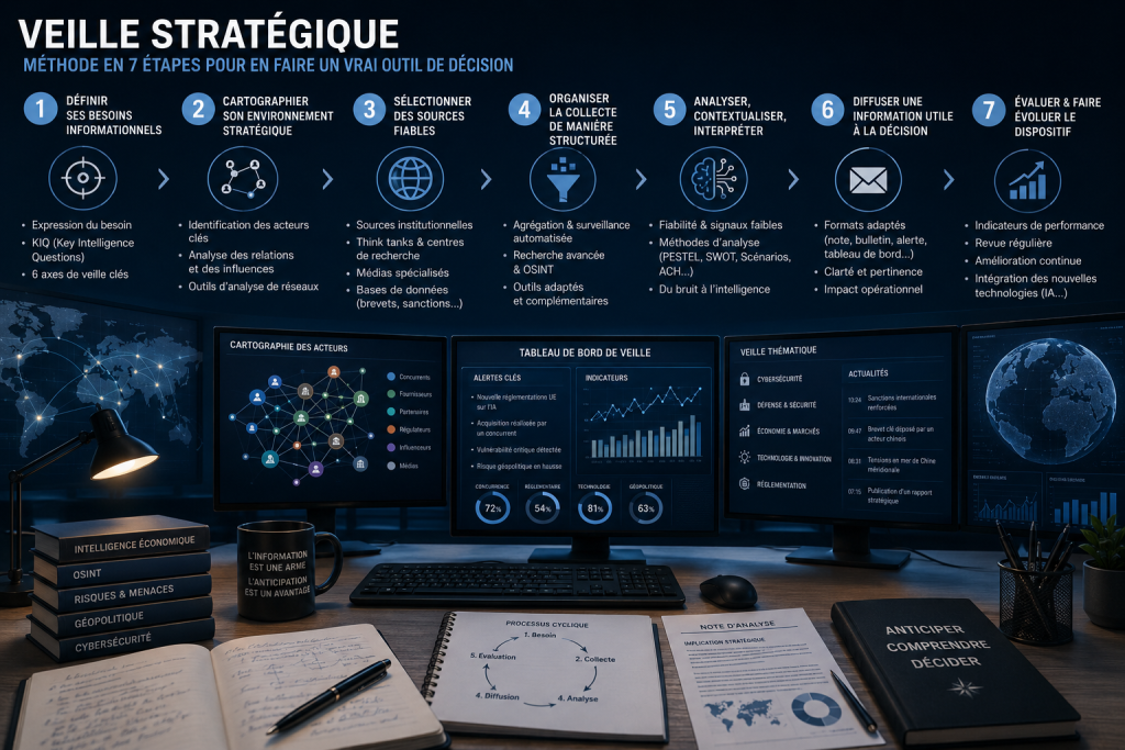Veille stratégique : méthode en 7 étapes pour en faire un vrai outil de décision 1 Infographie présentant les sept étapes de la veille stratégique : définir les besoins, cartographier l'environnement, sélectionner les sources, collecter les données, analyser les informations, diffuser les résultats et évaluer le dispositif afin d'aider à la prise de décision.