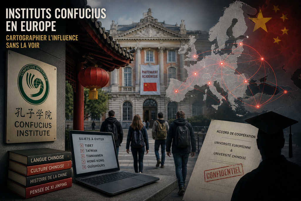 Illustration des Instituts Confucius en Europe, entre campus universitaire, influence chinoise, cartographie OSINT et zones d’opacité académique.