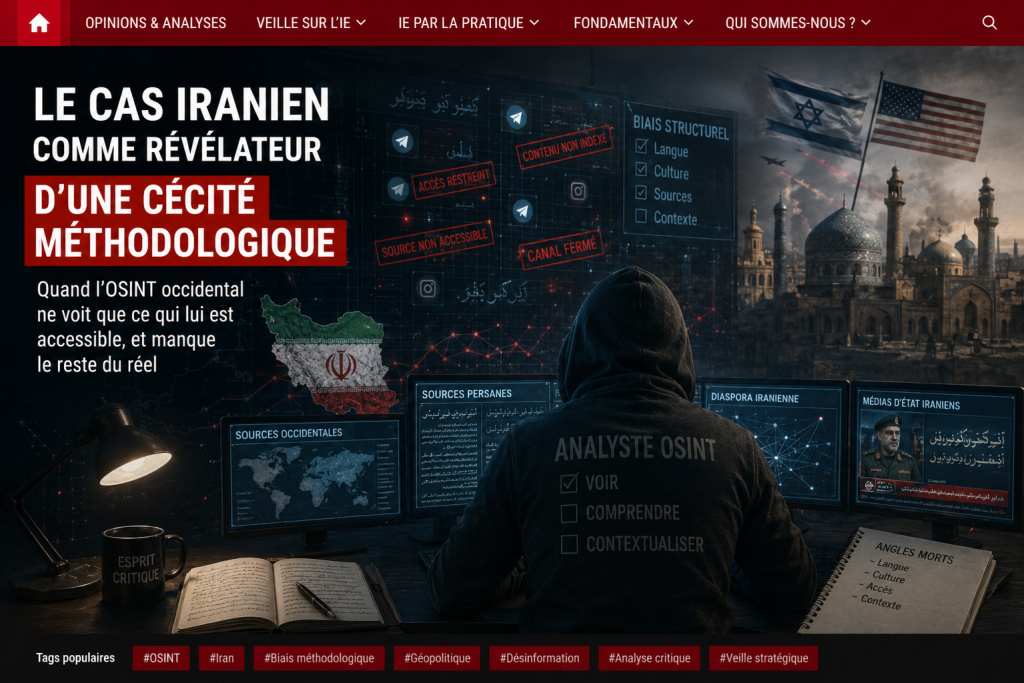 ustration d’un analyste OSINT face à plusieurs écrans comparant sources occidentales, persanes et iraniennes, révélant les biais méthodologiques dans l’analyse du conflit iranien.